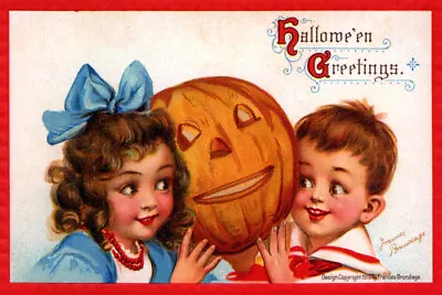 Halloween Greetings Little Girl And Boy Holding Pumpkin Usa Vintage Poster Repro • $62.90