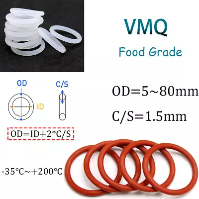 Silicone O Rings Metric O Ring Sealing O-ring Food Grade VMQ OD=5~80mm C/S=1.5mm • £2.82