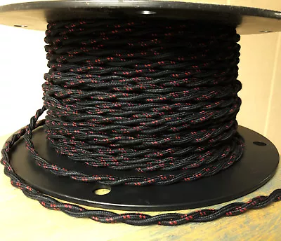 Cloth Covered Twisted Wire - Black W/ Red Tracer Vintage Style Fabric Lamp Cord • $1.39