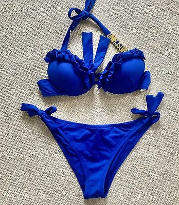 Bikini 10 MOSCHINO Blue Halter Tie Top Foam Cup Tie Sides Bottom Gold Logo Trim • $92.49