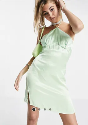 $5 • Buy Bershka Halter Neck Mini Dress In Glossy Green.  New With Tags.Side Split Sz S