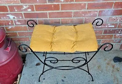 Vintage Wrought Iron Vanity Bench Yellow Corduroy Upholstered Seat Cushion • $82.49