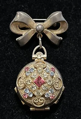 Vtg Pegasus Coro Multi Rhinestone Gold Tone Bow 4 Picture Locket Brooch • $59