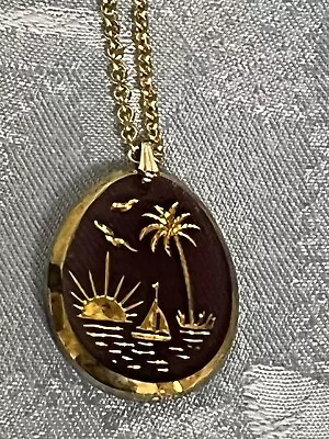 Tropical Sunset Sailing Vintage German Glass Intaglio Necklace Dark Brown 25” • $25
