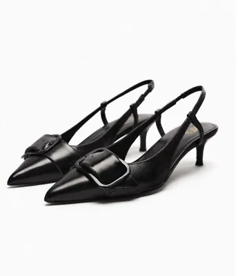 $79 • Buy ZARA LEATHER BLACK SLINGBACK  Kitten Heel NWT Size 8