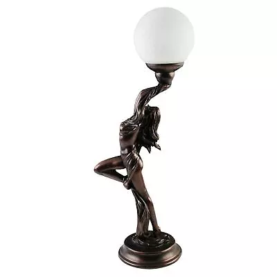 Art Deco Bronze Light Naked Lady Table Lamp Crackle Glass Shade 66cm • £165.60