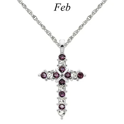 $13.99 • Buy Forever Silver Austrian Crystal Birthstone Cross Necklace 15 - 18  Adj Chain FEB