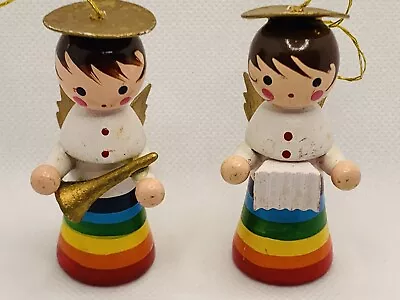 2 Vintage Russ Berrie Co Wooden Christmas Tree Ornaments Angels Musical Rainbow • $16.96