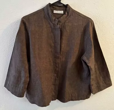 Bryn Walker M Brown Mandarin Collar Linen Shirt Hidden Button Boxy 3/4 Sleeve • $39.99
