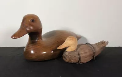 Wooden Miniature Desktop Decoy Duck & Broom Bristle Duck - Rare Combined Sale! • $59