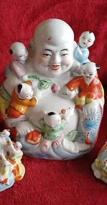 Vintage Chinese Porcelain Laughing Buddha With Playing Children 12” H X  11  W. • £29