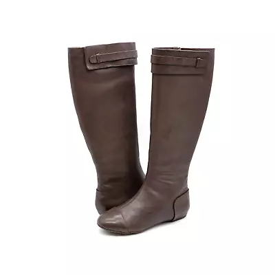 Max Studio Draping Womens 7.5 Riding Boots Brown Leather Full Side Zip Cap Toe • $49.99