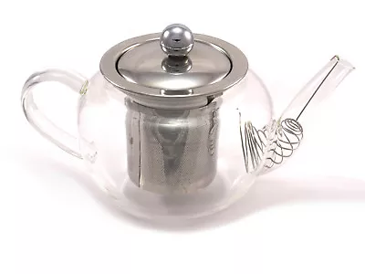 High Quality Glass Teapot With Infuser Coil Filter And Metal Lid 600ml Gift • £11.49