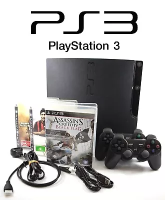 PS3 Console Bundle - Sony PlayStation 3 Slim + 2 Controllers + 3 Games - TESTED • $170.95