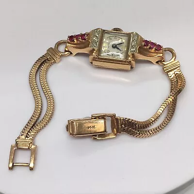 Lady's Charles Areni 14K Rose Gold Mechanical Watch Ruby Diamond Retro 1940s • $2270