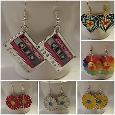 1960s 70's Style Festival Hearts Flower Hook On Novelty Earrings Boho Choose.... • £4.99