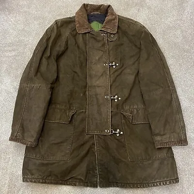 Vintage Fireman Clasp Leather Chore Long Jacket Coat Men's Brown Size 54 XL/XXL • $113.68