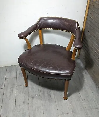 Vintage Wood & Vinyl Barrel Back Club/Game Office Library Banker Arm Chair B • $333