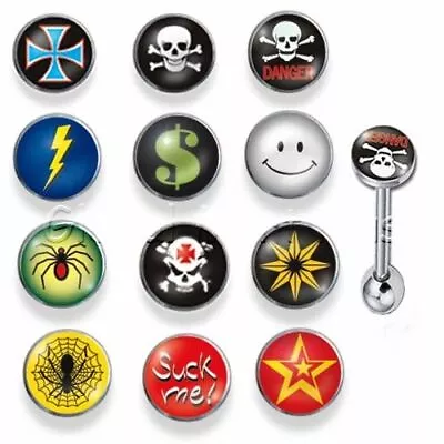 2X Tongue Bar Rude Word / Superhero Film Logo Signs Symbol Ring Stud Piercing • £4.99