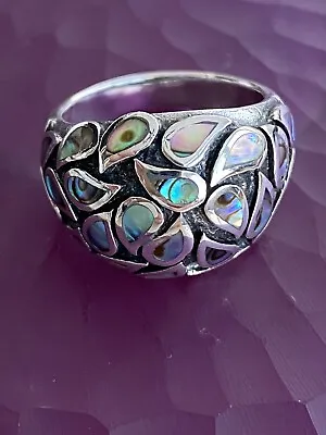 RING Signed CPT 925 Sterling Silver Abalone Inlaid Leaf Pattern Dome Sz 8.5 Vtg • $36.99