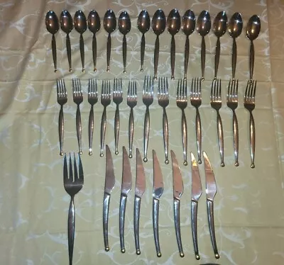 Pier 1 Imports Flatware Set Glossy Silver Pattern W/ Gold Tip Accents 35 Pieces • $149.99
