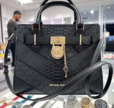 Michael Kors Hamilton SM Satchel Handbag Crossbody Bag MK Snake Black CLEARANCE • $109.95