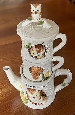 VINTAGE GEMPO OWL ‘TEA FOR TWO' OWL TEA POT & 2 TEA CUPS Japanese Kitsch • $80