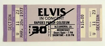 Elvis Presley ~ Unused Concert Ticket ~ Rapides Parish Coliseum ~ March 30 1977 • $425.57