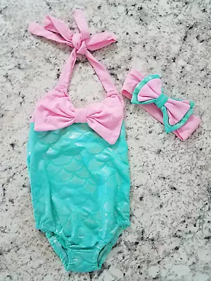 Girls Mermaid Pattern Swimsuit Sz 5 Aqua Teal Pink Matching Headband • $0.99