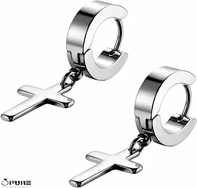 PAIR Men Women 316L Surgical Stainless Steel Silver Dangle Huggie Hoop Earrings • £3.99