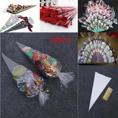 100× Clear 19 X38cm OPP Cone Bags Cellophane Sweet Candy Display Kids Party Bags • £3.92