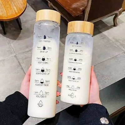 With Time Marker Transparent Water Bottle Milk Juice Cup Glass Drinking Bottle • $28.91
