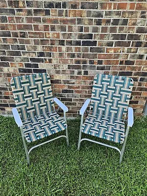 Sunbeam Folding Vintage Aluminum Beach Webbed Garden Strap Lawn Chairs Set Of 2 • $50