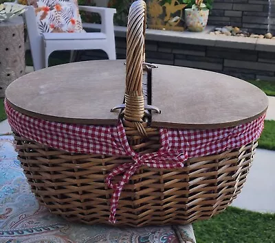 Picnic Time Country Vintage Wicker Picnic Basket With Lid Red And White Gingham • $39