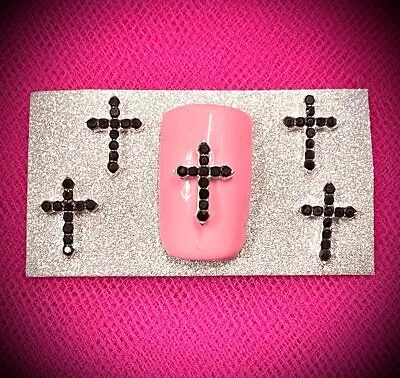 Black Rhinestone Cross 3D Nail Art Set Of 5 Glass Silver Charm Christian Jesus • $11.99