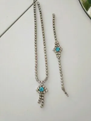 Vtg Estate  Rhinestone Necklaces Bracelet Set Blue Runway Couture • $10