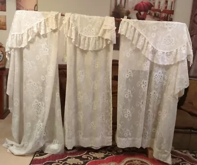  Vintage JC Penney Floral Lace Curtain 3 Panels 3 Tops USA 56.5 X 86” • $55