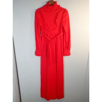 70’s Long Sleeve With Trim Ruffles Maxi Dress Red Vintage Elegant Long Sleeve S • $80