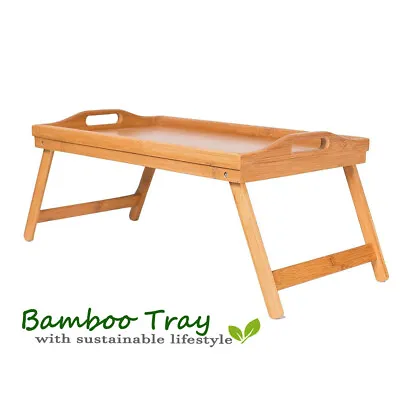 Bamboo Tray Wooden Bed Tray With Handles Folding Leg Serving Breakfast Lap Table • £11.99