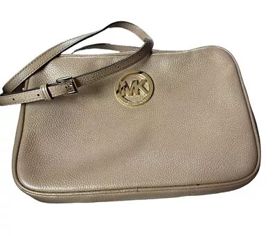 Michael Kors Fulton Crossbody Bag Purse Pebbled Leather Taupe Tan With Gold • $39.99