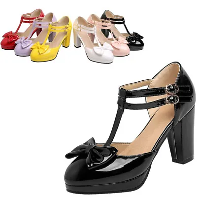 Womens Ladies Lolita Bowtie T-Strap Court Shoes High Heel Round Toe Mary Jane Sz • £34.01