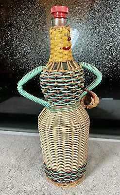 Vintage Wicker Wrapped Woven Glass Bottle 13.5” • $135