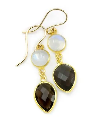 14k Gold Smoky Quartz Earrings Blue Moonstone Natural Double Bezeled Teardrops • $55