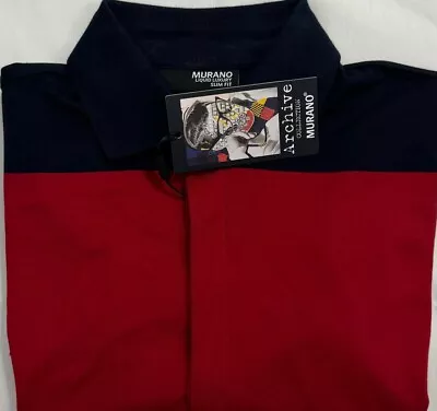 New Murano Men Long Sleeve Polo Shirt Dark Navy Stripe Size L Slim Fit $27.00 • $27