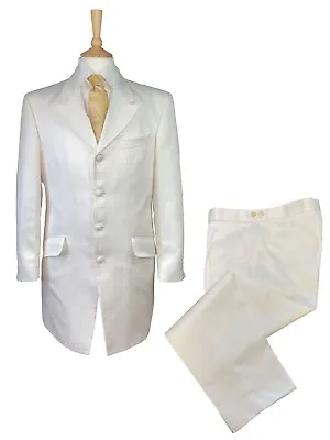 Men's 2 Piece White Suit Ivory Stripe Jacket Trouser Wedding Victorian Edwardian • $85.79