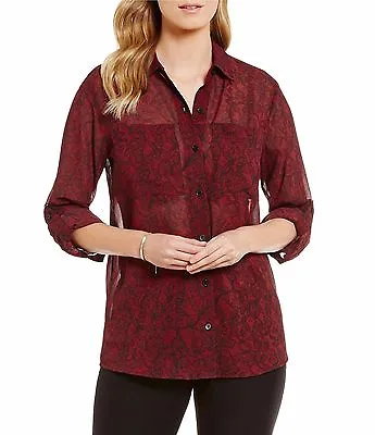 Michael Kors Cinnabar Red Umbria Lace Print Chest Pocket Button-up Shirt Top $98 • $44.10