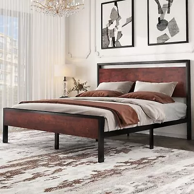 Platform Bed Frame With Rustic Headboard And Strong Metal Slat Support • $211.99