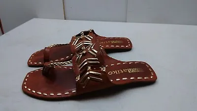 Matiko Women Brown Leather Toe Ring Slide Sandal Flip Flop Casual Dress Shoes 6M • $54.99