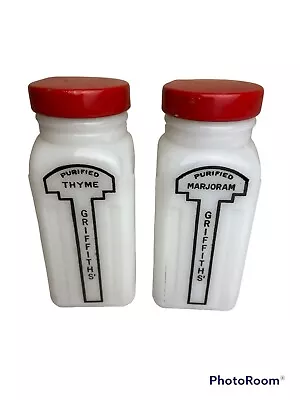 2 Lg Vtg Griffiths Spice Jars Milk Glass Metal Lid Labels Thyme Marjoram GREAT • $19.99