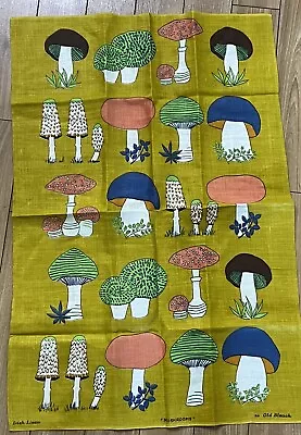 1960s Vintage Irish Linen Kitchen Tea Towel Mushrooms Hippy Retro Yellow New • $29